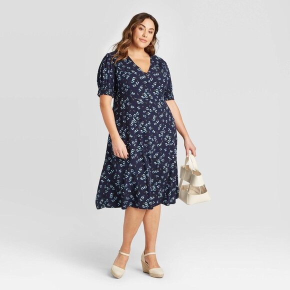 Ava & Viv Floral Print Short Sleeve Dress Navy 3X New - Picture 1 of 1